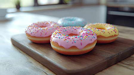 Vibrantly decorated donuts with colorful icing and bright sprinkles rest on a wooden board, making a delightful treat for any occasion in a charming kitchen atmosphere.の素材