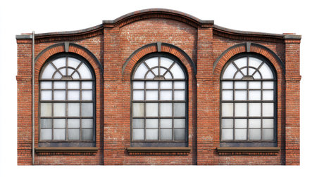 Historic red brick wall featuring three large arched windows, perfect for showcasing vintage architectural design and urban aesthetics in photography or illustrations.の素材