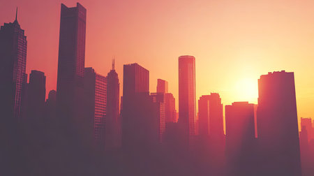 Beautiful sunset lights up an urban skyline filled with towering buildings, casting silhouettes against a warm, colorful sky. A captivating scene of nature and architecture.の素材