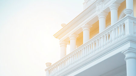 Beautiful white structure featuring classic columns and balustrades, illuminated by soft sunlight against a pastel sky, ideal for showcasing elegant designs and luxury living.の素材