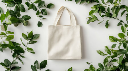 A minimalist blank tote bag placed centrally among vibrant green leaves, ideal for showcasing eco-friendly designs or promotional messages in a stylish and natural setting.の素材