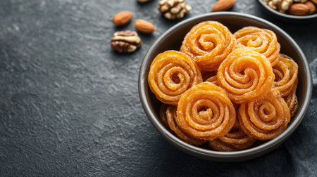 A delightful Indian dessert featuring sweet spiral shapes made from caramelized sugar and layered with nuts, perfect for festive celebrations and special occasions.の素材