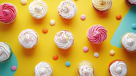 A vibrant arrangement of colorful cupcakes with swirled frostings on a bright yellow backdrop, perfect for celebrating special occasions and enticing dessert lovers.の素材