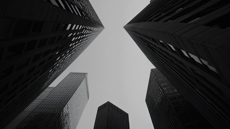 Capture low angle view of towering skyscrapers in a modern cityscape, showcasing intricate architecture against a moody gray sky, emphasizing the urban atmosphere.の素材