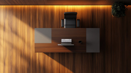 A well-designed modern office workspace featuring a wooden desk, keyboard, and chair, enhanced by natural lighting that creates a warm and inviting atmosphere.の素材