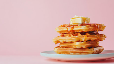 A delightful stack of fluffy waffles drizzled with syrup and topped with a slice of melting butter against a soft pink backdrop, perfect for enticing breakfast moments.の素材