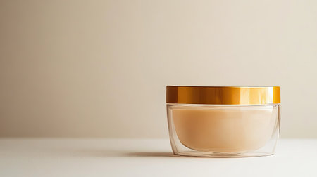 This elegant glass jar features a golden lid and holds a creamy skincare product, perfect for showcasing beauty in minimalist and modern photography settings.の素材