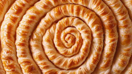 A close-up image of a golden spiral pastry, highlighting its flaky layers and inviting texture. Perfect for culinary and food-related projects to showcase indulgent treats.の素材