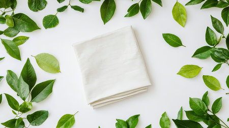 A pristine white fabric napkin beautifully placed amid vibrant green leaves, creating a fresh and inviting atmosphere perfect for dining settings and nature-inspired designs.の素材