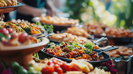 Close-up of a beautifully arranged South Asian buffet table with assorted dishes. No people, copy space availableの素材