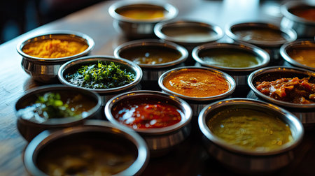 Close-up of a South Asian restaurant table with a variety of chutneys and condiments. No people, copy space availableの素材