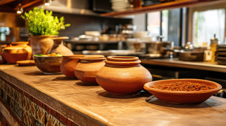 Close-up of a South Asian restaurant's open kitchen counter with clay pots and spices. No people, copy space availableの素材