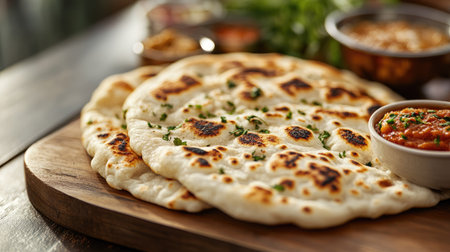 Close-up of traditional South Asian flatbreads and condiments on a restaurant table. No people, copy space availableの素材