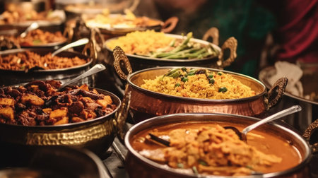 Close-up of a beautifully arranged South Asian buffet table with assorted dishes. No people, copy space availableの素材