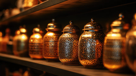 Close-up of decorative South Asian spice jars displayed on a restaurant shelf. No people, copy space availableの素材
