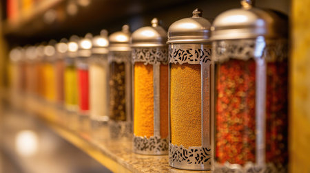 Close-up of decorative South Asian spice jars displayed on a restaurant shelf. No people, copy space availableの素材