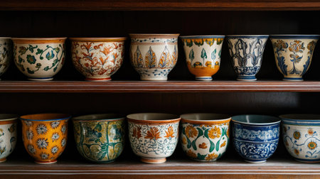 Close-up of traditional South Asian hand-painted crockery displayed on a shelf. No people, copy space availableの素材