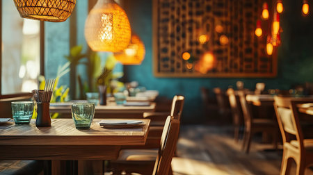 Cozy South Asian restaurant interior with wooden furniture and warm lighting. No people, copy space availableの素材
