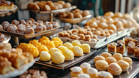 Close-up of South Asian sweets and desserts displayed on a restaurant table. No people, copy space availableの素材