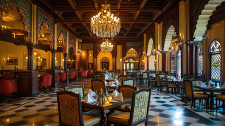 Elegant South Asian fine dining restaurant with luxurious seating and chandeliers. No people, copy space availableの素材