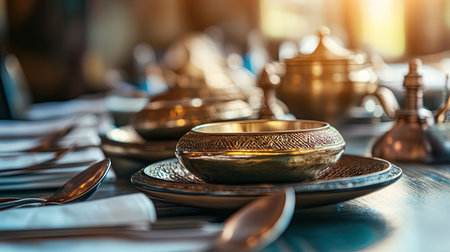Close-up of traditional South Asian utensils and serving dishes on a restaurant table. No people, copy space availableの素材