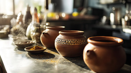 Close-up of a South Asian restaurant's open kitchen counter with clay pots and spices. No people, copy space availableの素材