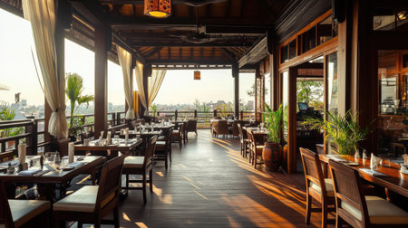 Interior of a rooftop South Asian restaurant with panoramic views and elegant seating. No people, copy space availableの素材