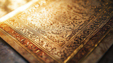 Close-up of an ornate South Asian restaurant menu with traditional font and artwork. No people, copy space availableの素材