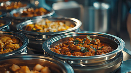 Close-up of traditional South Asian metal serving dishes with curries. No people, copy space availableの素材