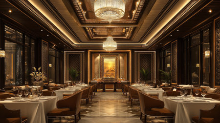 Elegant South Asian fine dining restaurant with luxurious seating and chandeliers. No people, copy space availableの素材