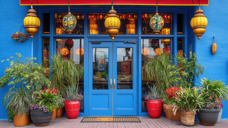 Front view of a popular South Asian restaurant entrance with vibrant decor. Copy space available, no people, for commercial useの素材