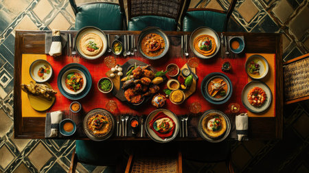 Top view of a beautifully arranged South Asian restaurant table with colorful dishes. No people, copy space availableの素材