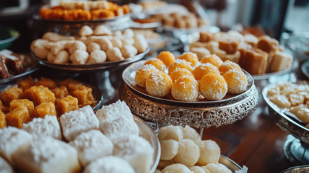 Close-up of traditional South Asian sweets arranged on a restaurant table for dessert. No people, copy space availableの素材
