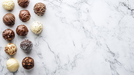 A delightful assortment of chocolate truffles with various coatings beautifully arranged on a marble surface, ideal for festive occasions and dessert spreads.の素材