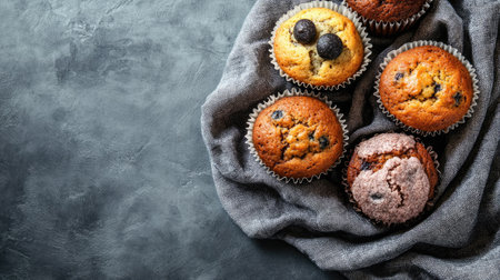 A captivating arrangement of delicious muffins including blueberry and chocolate varieties, beautifully presented on a gray linen napkin, ideal for culinary inspiration.の素材
