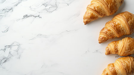 Delight in the sight of freshly baked croissants arranged on a sleek marble surface perfect for breakfast or bakery themed projects. Ideal for culinary delights.の素材