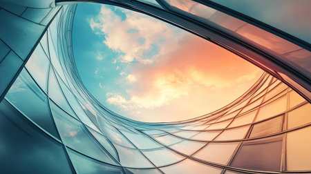 This stunning image captures an abstract view of modern architecture, featuring glass curves reflecting a colorful sunset, inviting creativity and urban inspiration.の素材