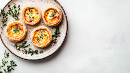 Four savory tarts filled with cheese and herbs are arranged on a rustic plate, garnished with fresh thyme, perfect for culinary presentations or delicious meal inspirations.の素材