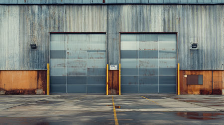 Captivating image of an industrial warehouse showcasing large glass doors and a weathered metallic exterior, embodying urban charm and minimalist design.の素材