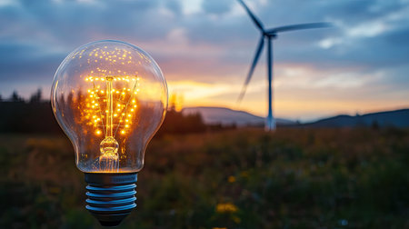 An enchanting light bulb filled with sparkling filament illuminates the serene natural landscape featuring wind turbines, showcasing the harmony between technology and nature at sunset.の素材