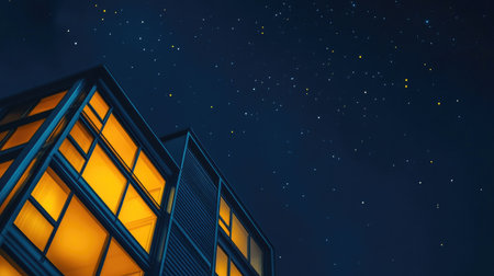This image features a modern building at night, showcasing illuminated windows that create a warm ambiance against a backdrop of a stunning star-filled sky.の素材