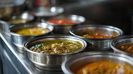 Close-up of traditional South Asian metal serving dishes with curries. No people, copy space availableの素材