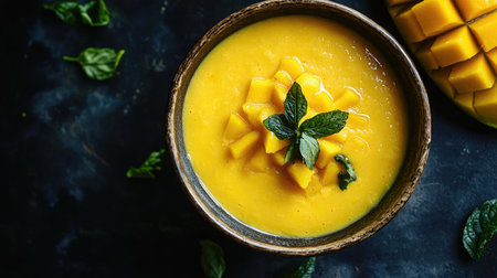 Top view of a bowl of mango custard, a creamy dessert enjoyed by South Asian childrenの素材