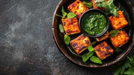 Top view of paneer tikka served with mint chutney, a favorite among South Asian children. Copy space availableの素材