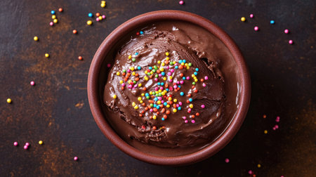 Top view of chocolate ice cream sundae with sprinkles, a treat for South Asian childrenの素材