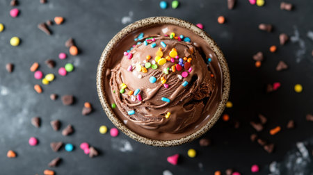 Top view of chocolate ice cream sundae with sprinkles, a treat for South Asian childrenの素材