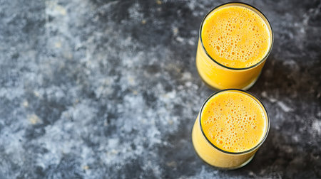 Top view of mango milkshake in a glass, a refreshing drink loved by South Asian kids. Copy space on the sideの素材