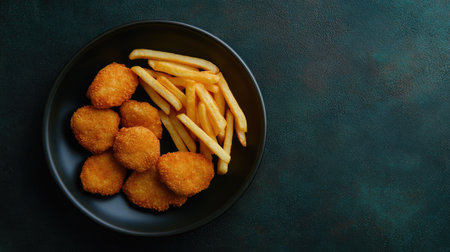 Top view of South Asian style chicken nuggets with fries, a kid's meal. Copy space availableの素材