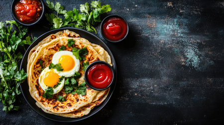 Top view of egg paratha with ketchup, a breakfast dish loved by South Asian children. Copy space on the sideの素材