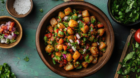 Top view of spicy aloo chaat, a tangy street food loved by South Asian childrenの素材